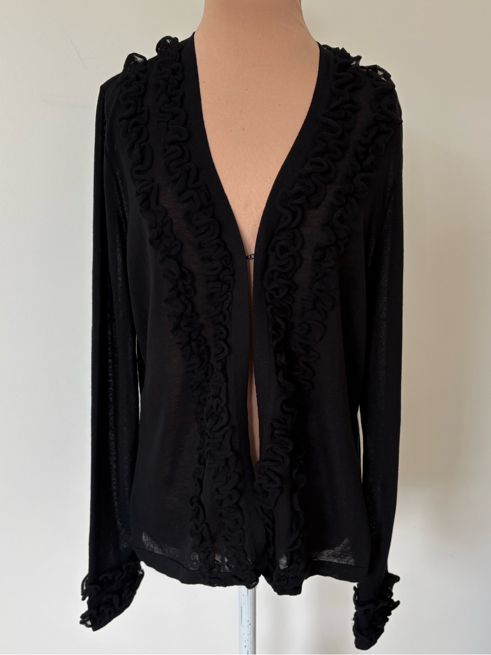 Wolford Ruffle Trim Knit Cotton Blend Semi Sheer Black Cardigan Sweater EUC Sz S